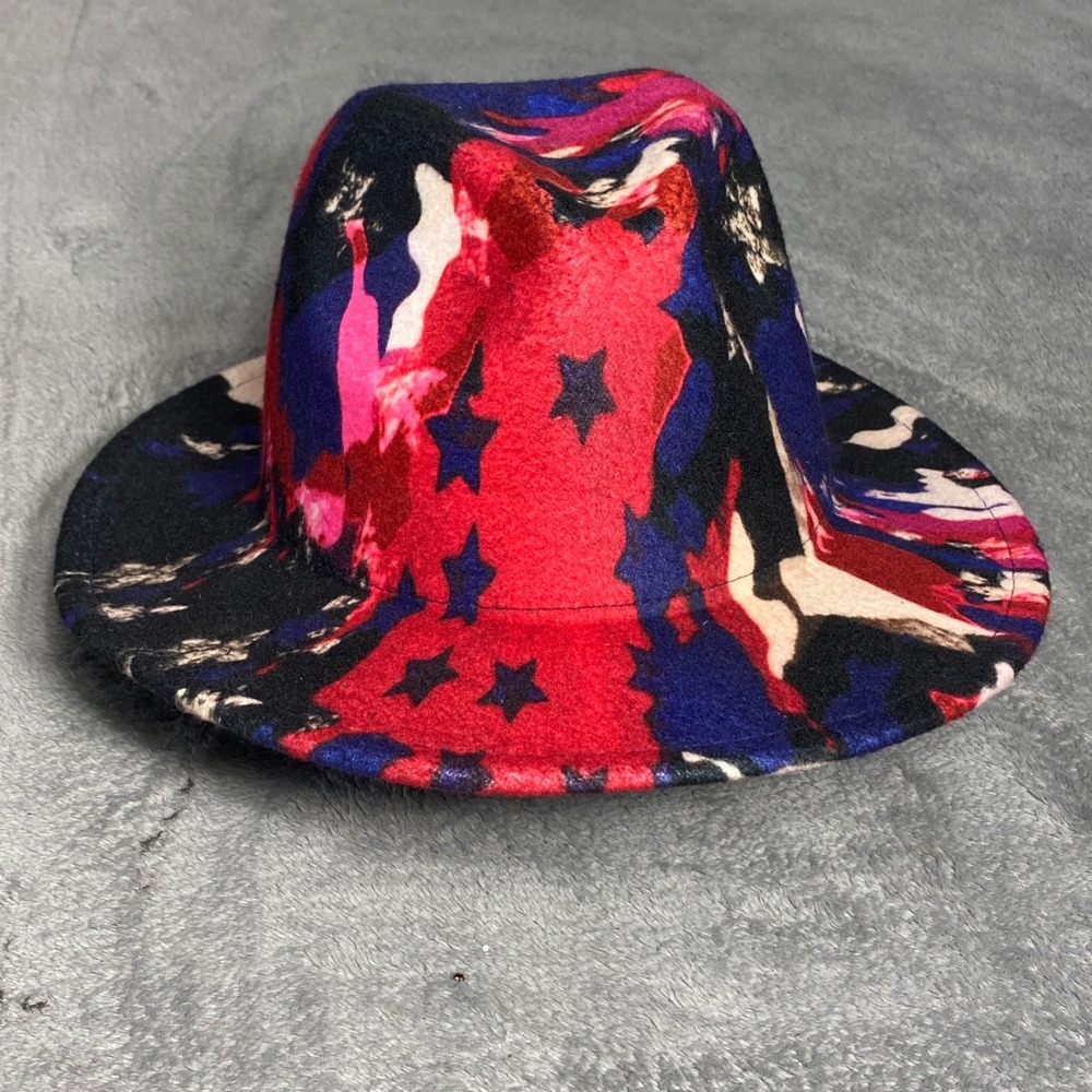 Fedora Hat Unisex OS Multicolor Abstract Star Print Wide Brim Dressy Preppy Y2K